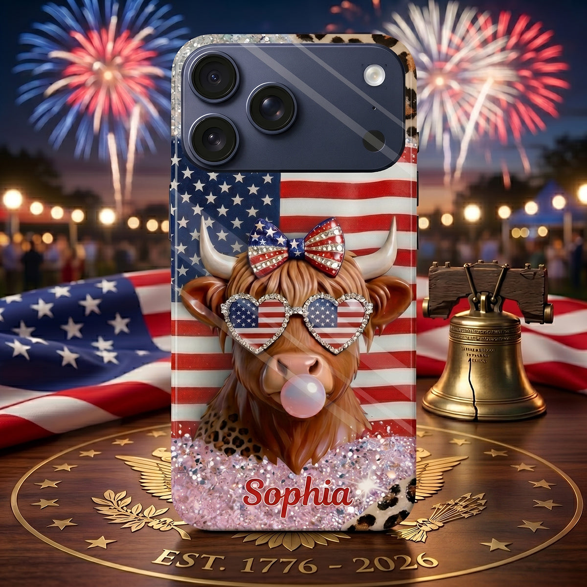 Personalized Highland Cow Phone Case Glitter Leopard | 250th US Anniversary Holiday Gift