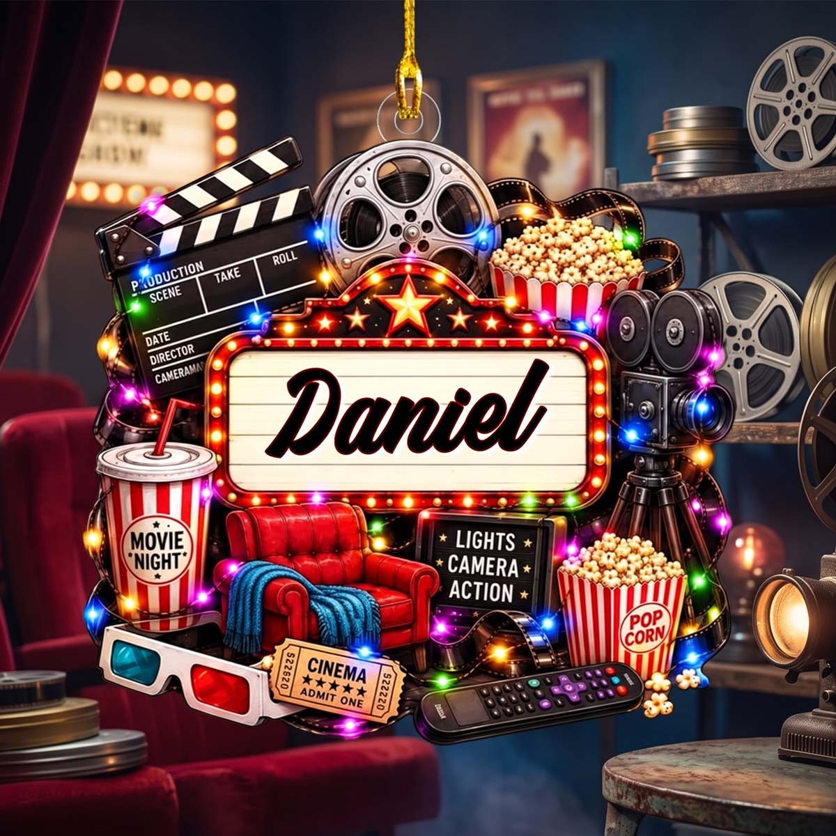 Personalized Watching Movies Christmas Acrylic Ornament - Movie Night For Cinema Lover