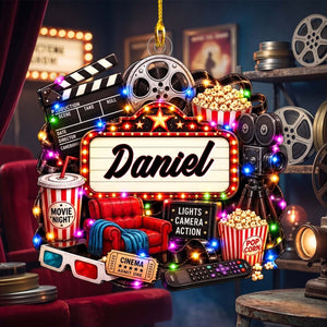 Personalized Watching Movies Christmas Acrylic Ornament - Movie Night For Cinema Lover