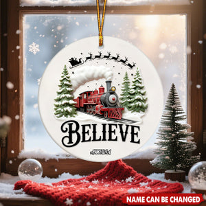 Personalized Believe North Pole Train Ceramic Ornament With Name & Elk Santa Claus Silhouette Christmas Decoration For Family
