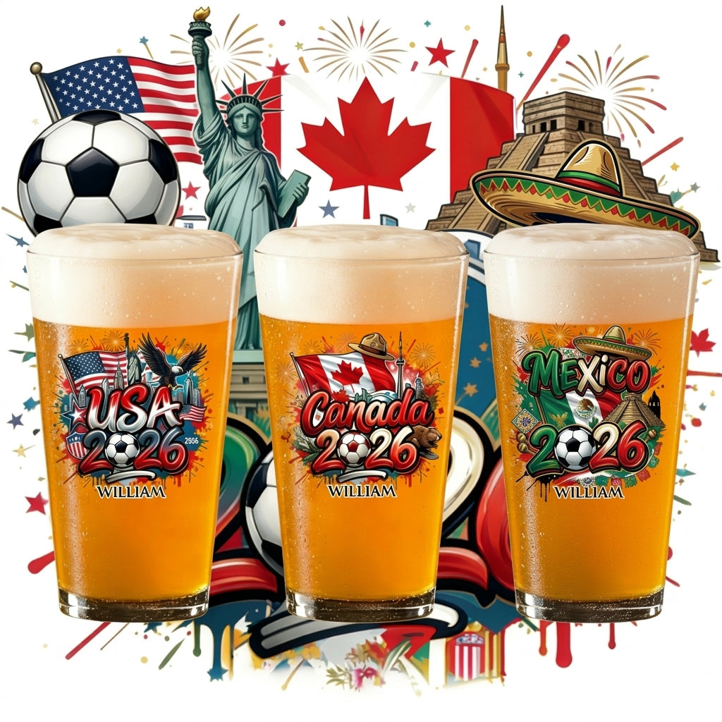 Personalized 2026 World Cup Country Beer Glass With Name & lcon | Gift For Soccer Fans