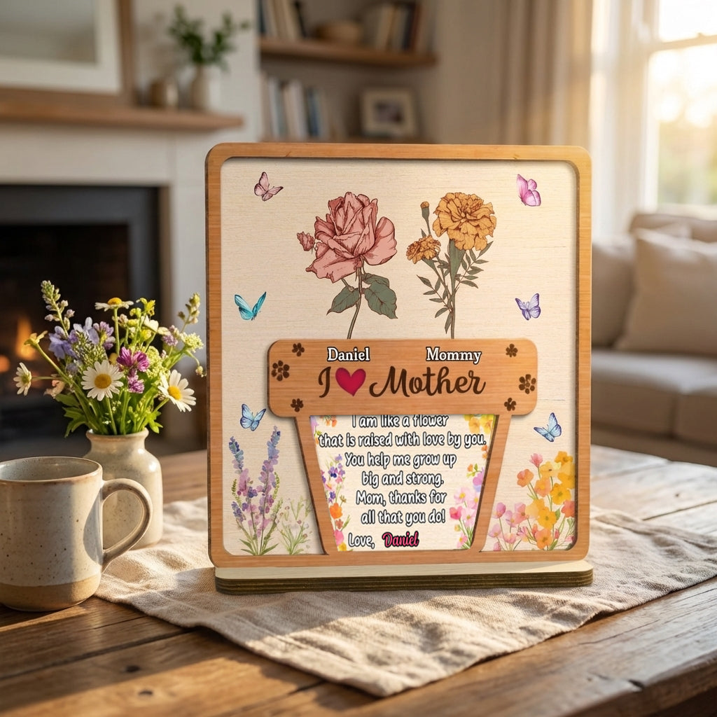 Personalized "Growing Love Flower" 2-Layer Wood Plaque With Names | Mother's Day Gift For Mom Grandma