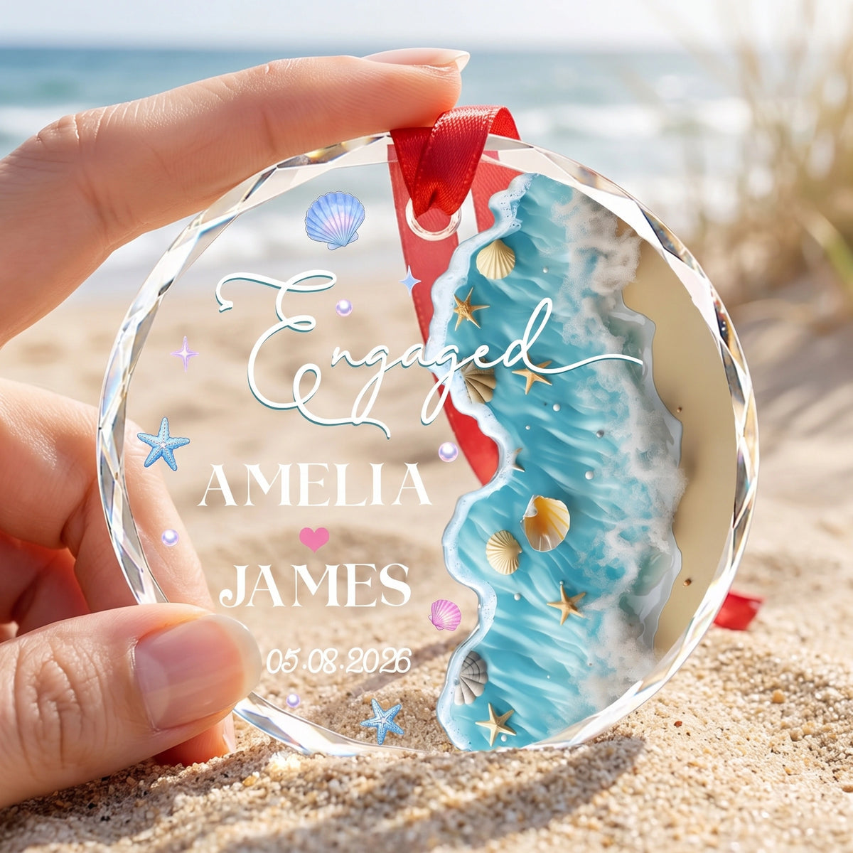 Custom Name & Date Beach Engagement Glass Ornament | Personalized Anniversary Gift For Couple