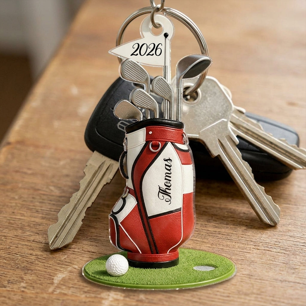 Personalized Name Acrylic Keychain With Golf Bag Clubs For Father's Day Gift