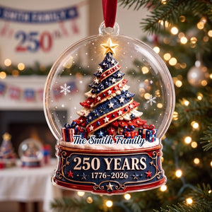 Personalized 250th America Snow Globe Christmas Acrylic Ornament - Patriotic Family Gift