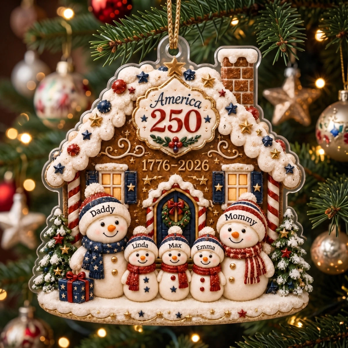 Custom Name 250th Anniversary Christmas Acrylic Ornament - Snowman Family Gingerbread House Decor