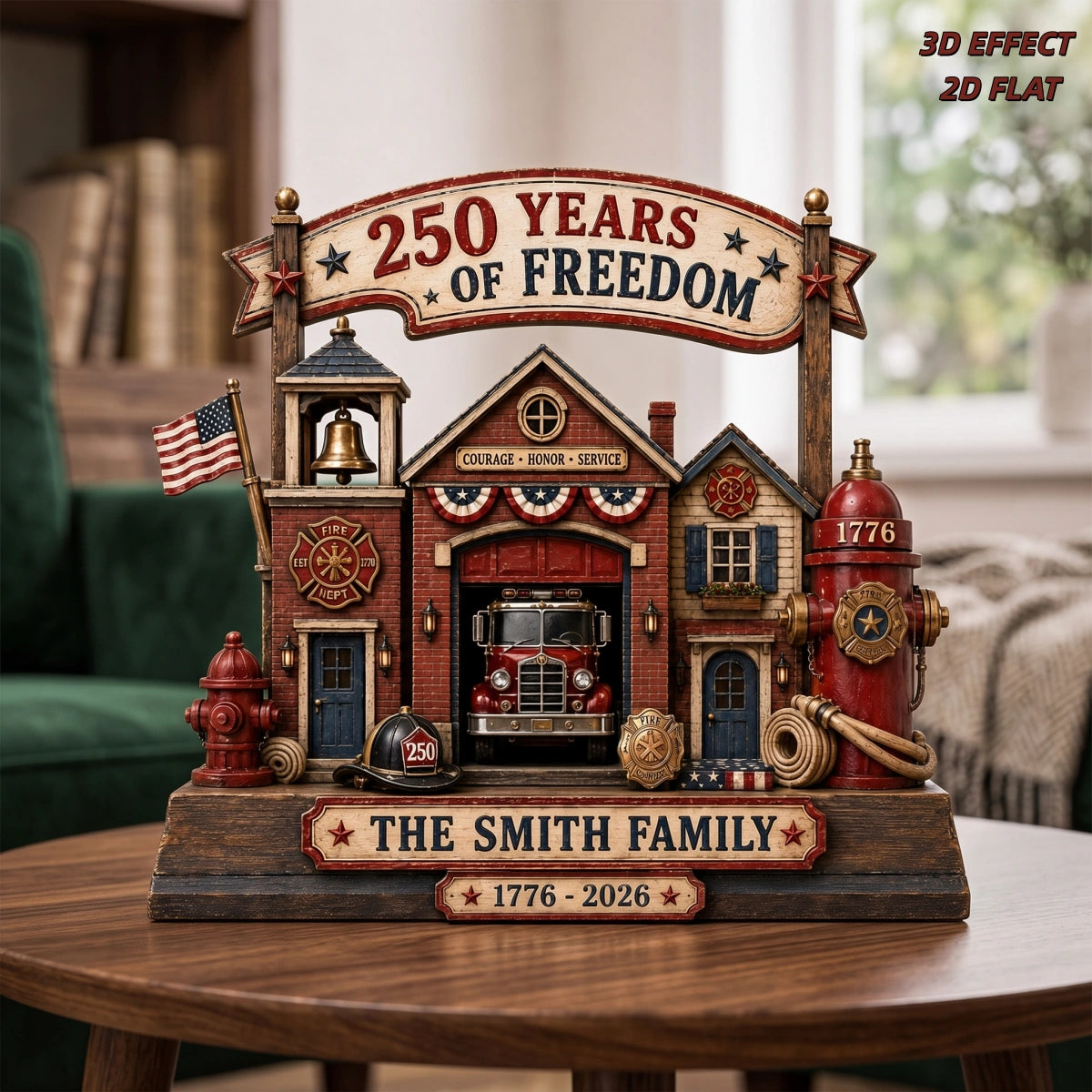 Custom Name Firefighter Family 250 Years Of Freedom Wooden Block | Patriotic Fire Station Decor