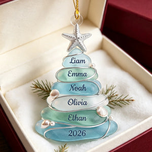 Personalized Sea Glass Christmas Tree Ornament - Custom 1-13 Names - Beach Theme Family Gift