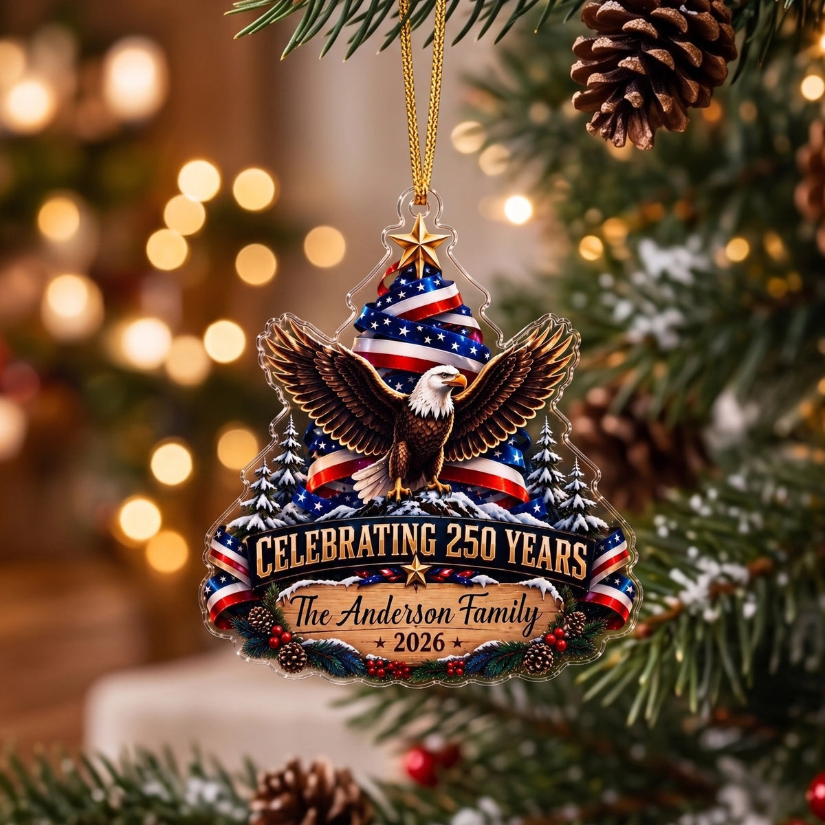 Custom Family Name USA 250th Christmas Ornament - American Eagle Patriotic Gift