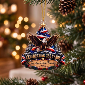 Custom Family Name USA 250th Christmas Ornament - American Eagle Patriotic Gift