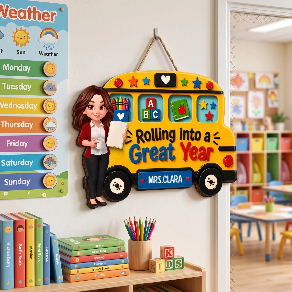 Custom Teacher Name School Bus Wood Sign - Rolling Into A Great Year Classroom Decor Gift