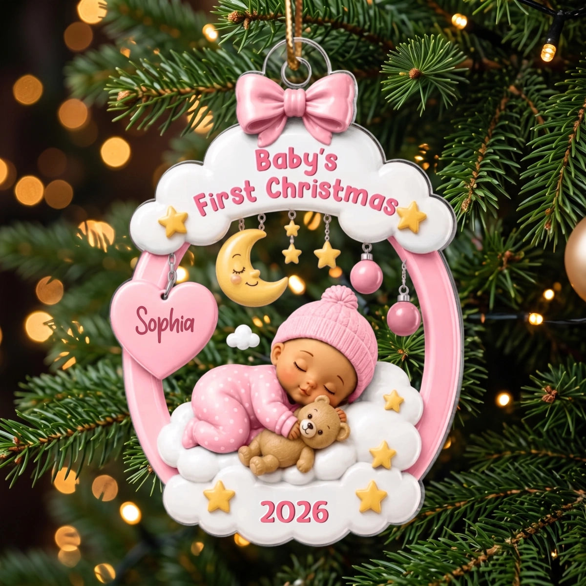 Personalized Baby's First Christmas Acrylic Ornament - Sleeping Kid Moon Stars - Gift For New Parents