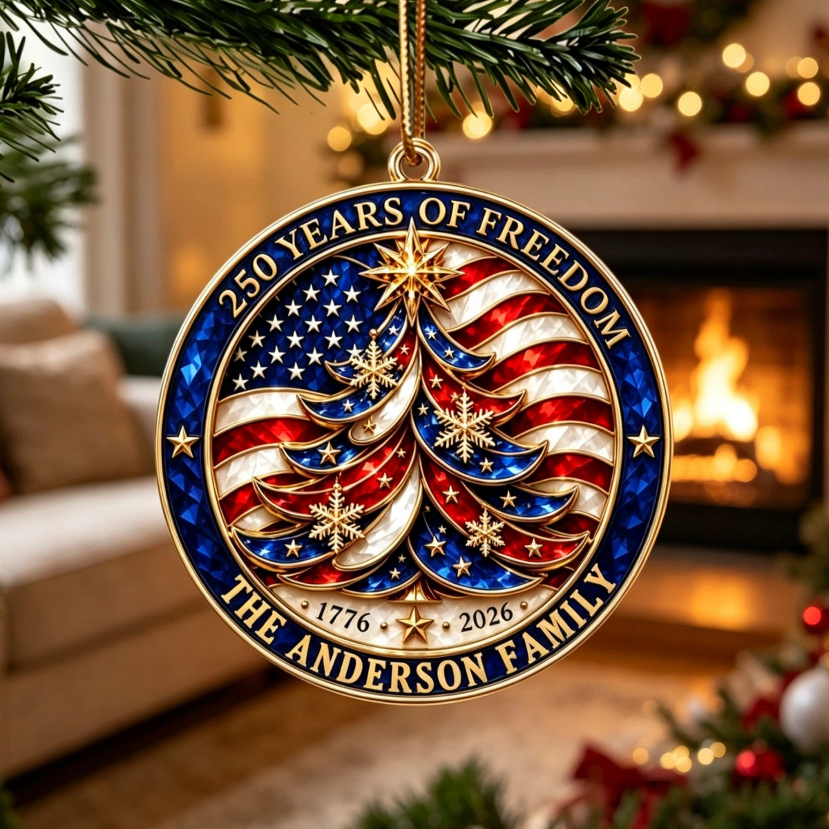 Personalized USA 250th Flag Christmas Ornament - Custom Family Name Patriotic Gift
