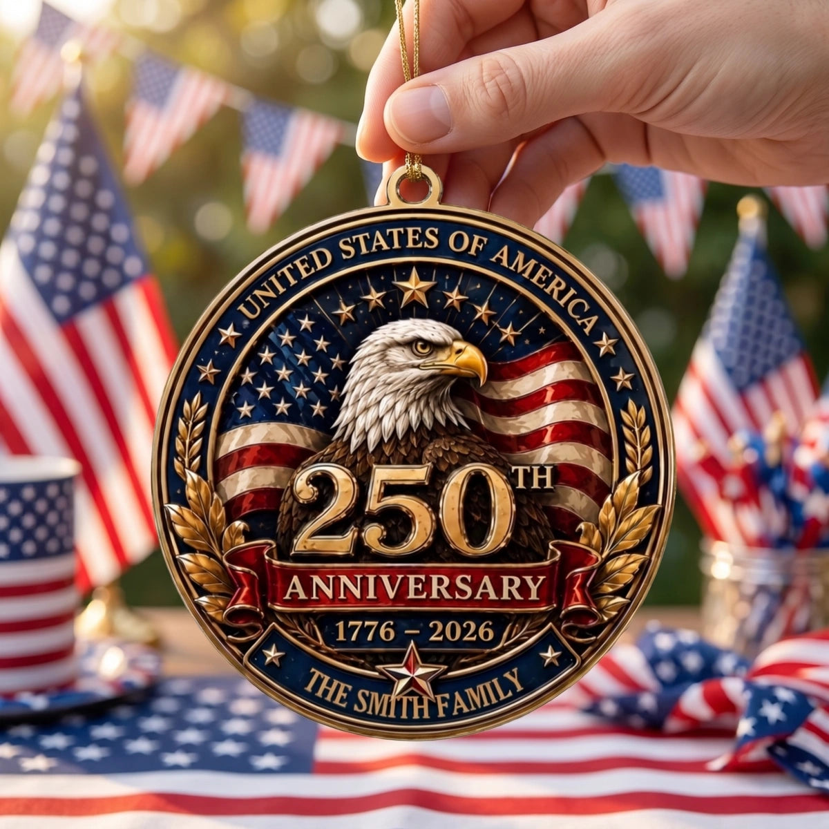 Personalized USA 250th Anniversary Ornament - Bald Eagle Patriotic Christmas Family Gift