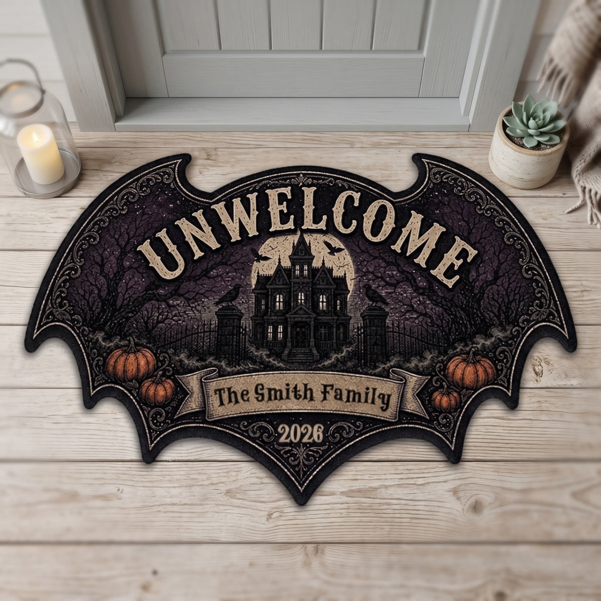 Personalized Bat Halloween Shaped Doormat - Gothic Haunted House Design - Unique Gift For Families