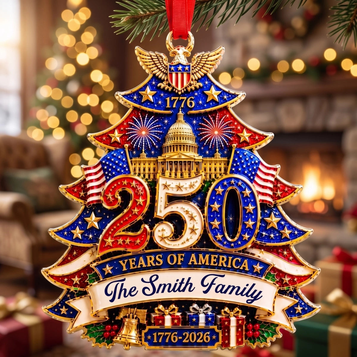 Personalized 250th America Christmas Ornament With Family Name | 2026 Patriotic Gift
