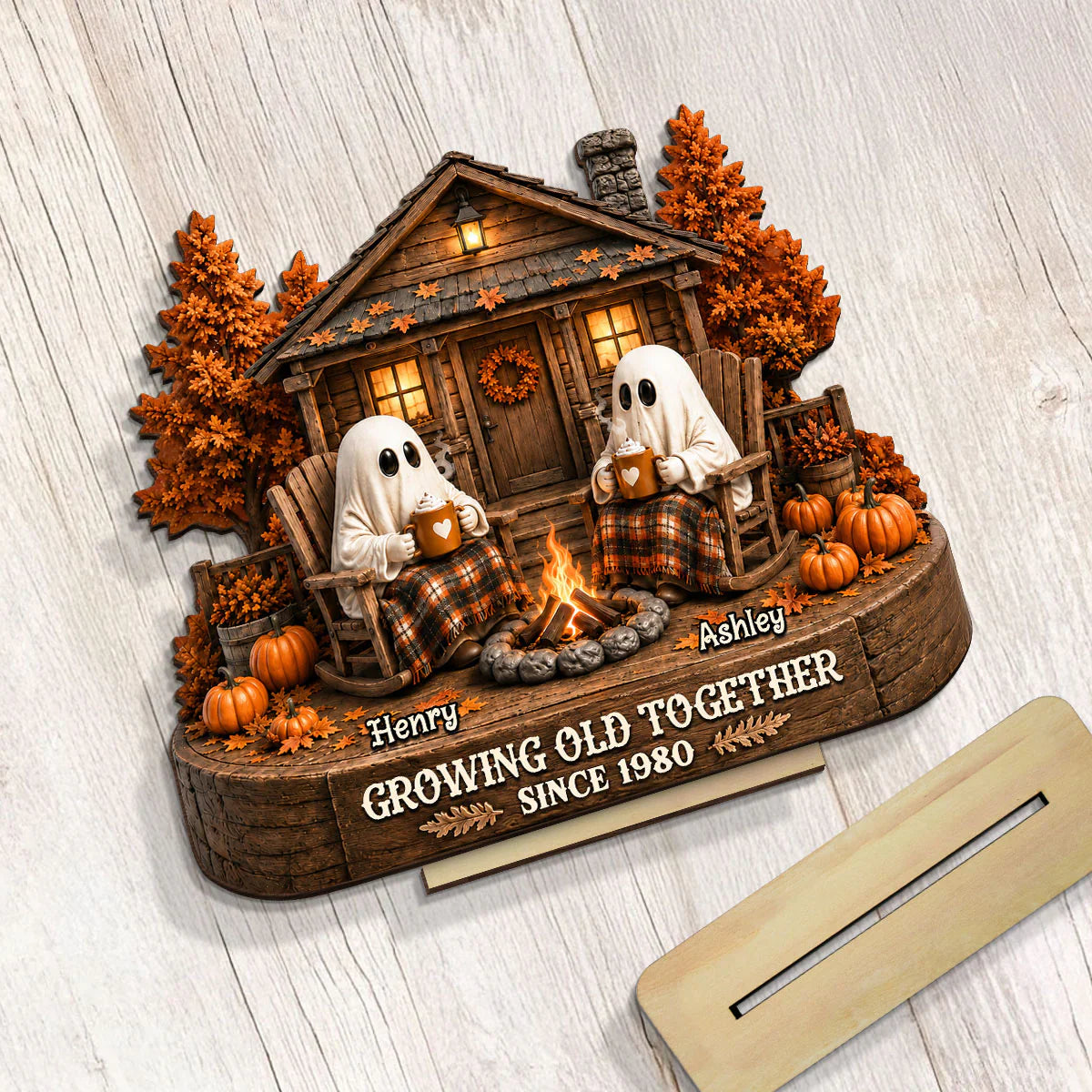 Personalized 2-Layer Ghost Couple Wooden Plaque - Growing Old Together Halloween Decor Gift