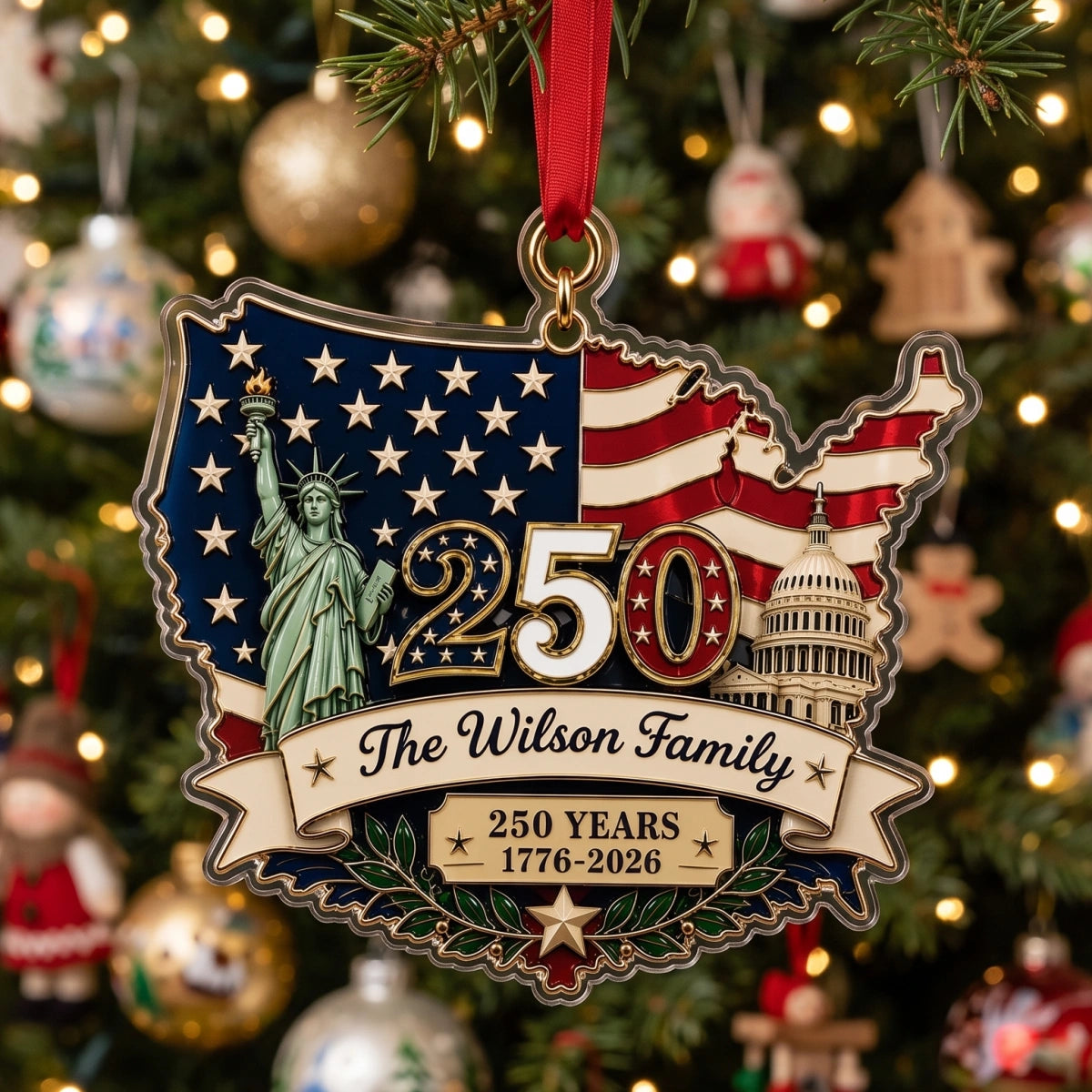 Personalized 250th America Patriotic Christmas Ornament With Family Name - USA Flag Tree Decor