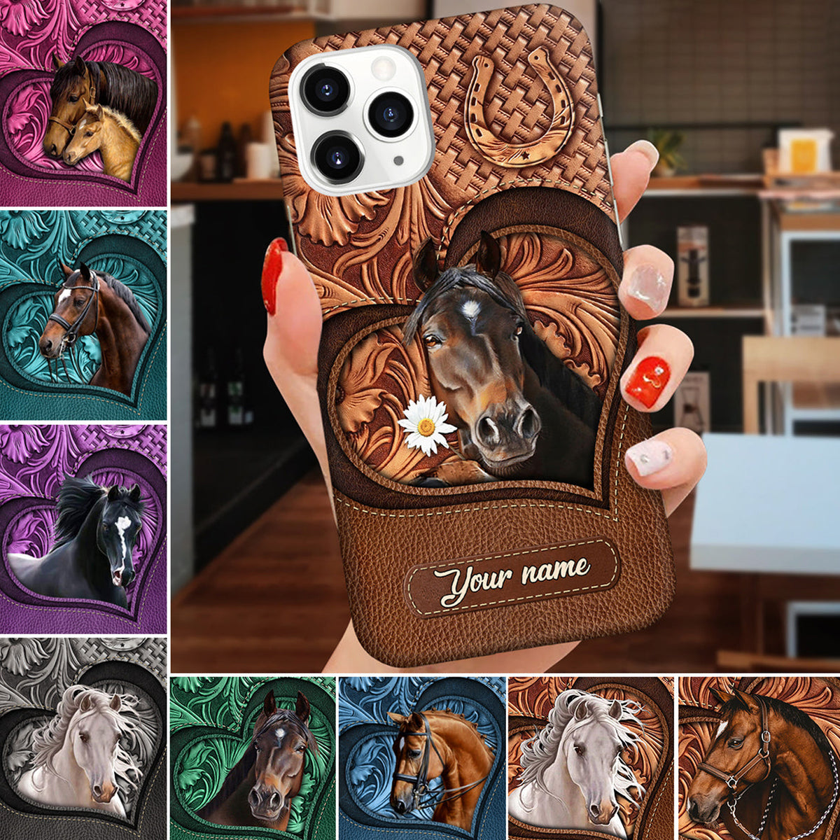 Personalized Phone Case Love Horse Breeds Custom Name Hoofprint Leather Pattern