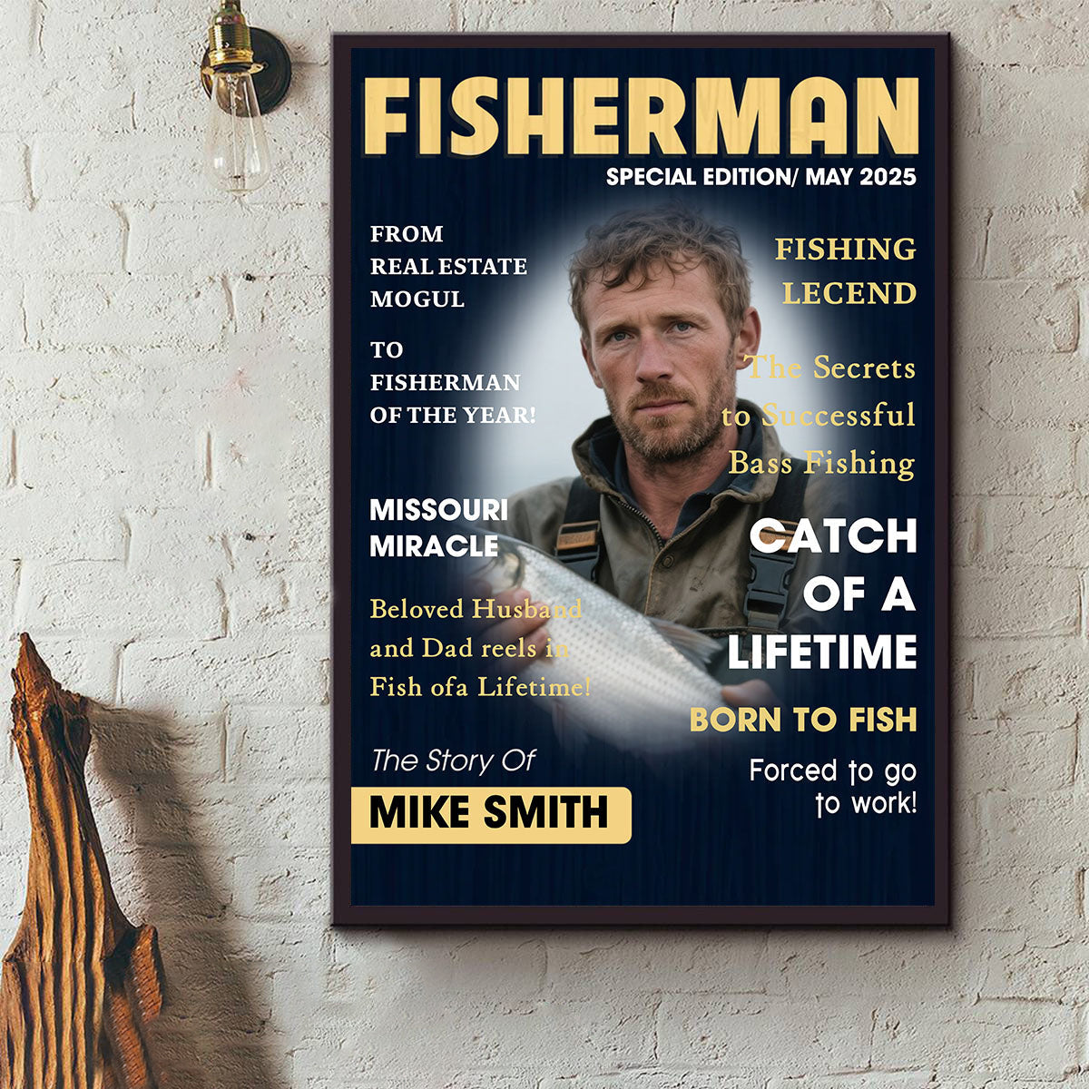Personalized Man Cave Fishing Art Poster With Photo Name and Text,Unique Anniversary Birthday Gift For Husband Dad Friend