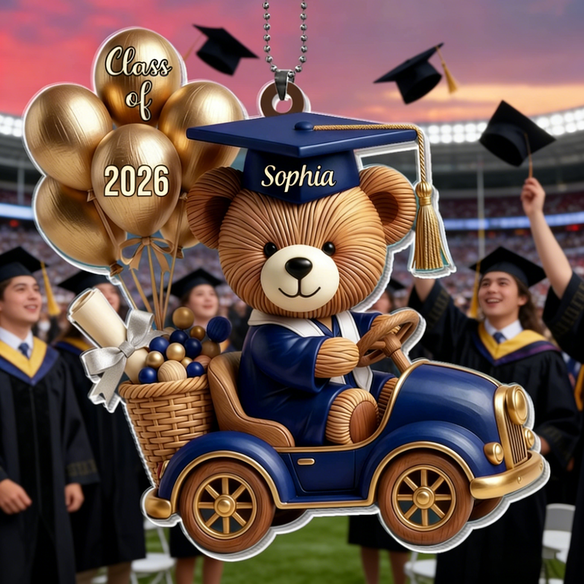 Personalized Scholar Bear Car Ornament With Name & Class Of 2026 Balloons - Graduation Gift For Son Daughter