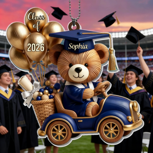 Personalized Scholar Bear Car Ornament With Name & Class Of 2026 Balloons - Graduation Gift For Son Daughter