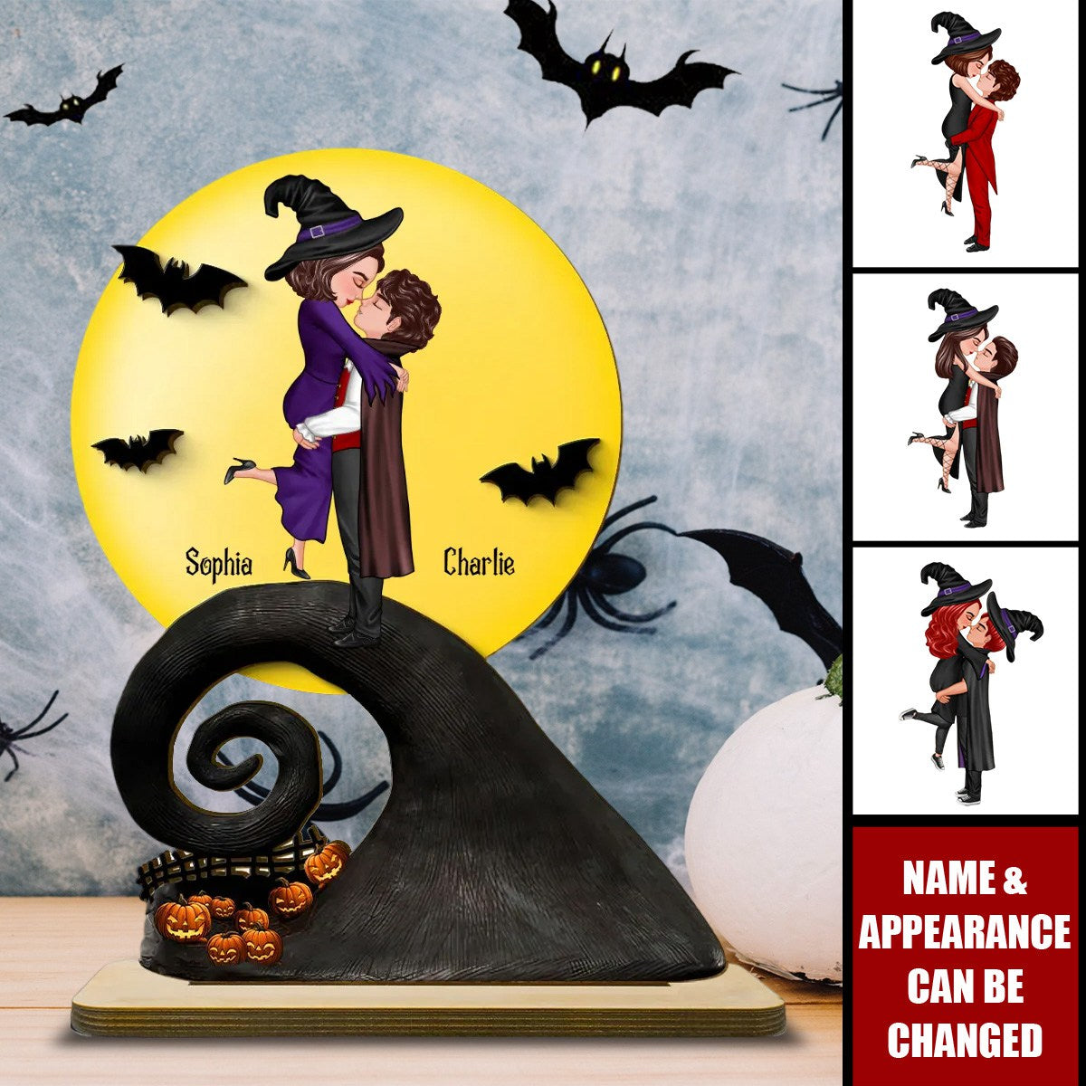 Personalized Halloween Couple 2-Layer Standing Wooden Plaque With Romantic Figure Design & Names Freeze Fantasy Love For Couple