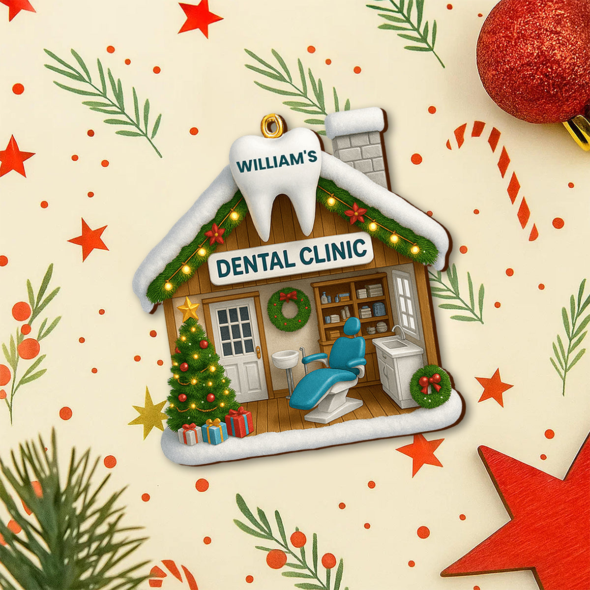 Personalized Dental Clinic Christmas Wood Ornament With Name, Festive Gift For Dentist & Dental Hygienist