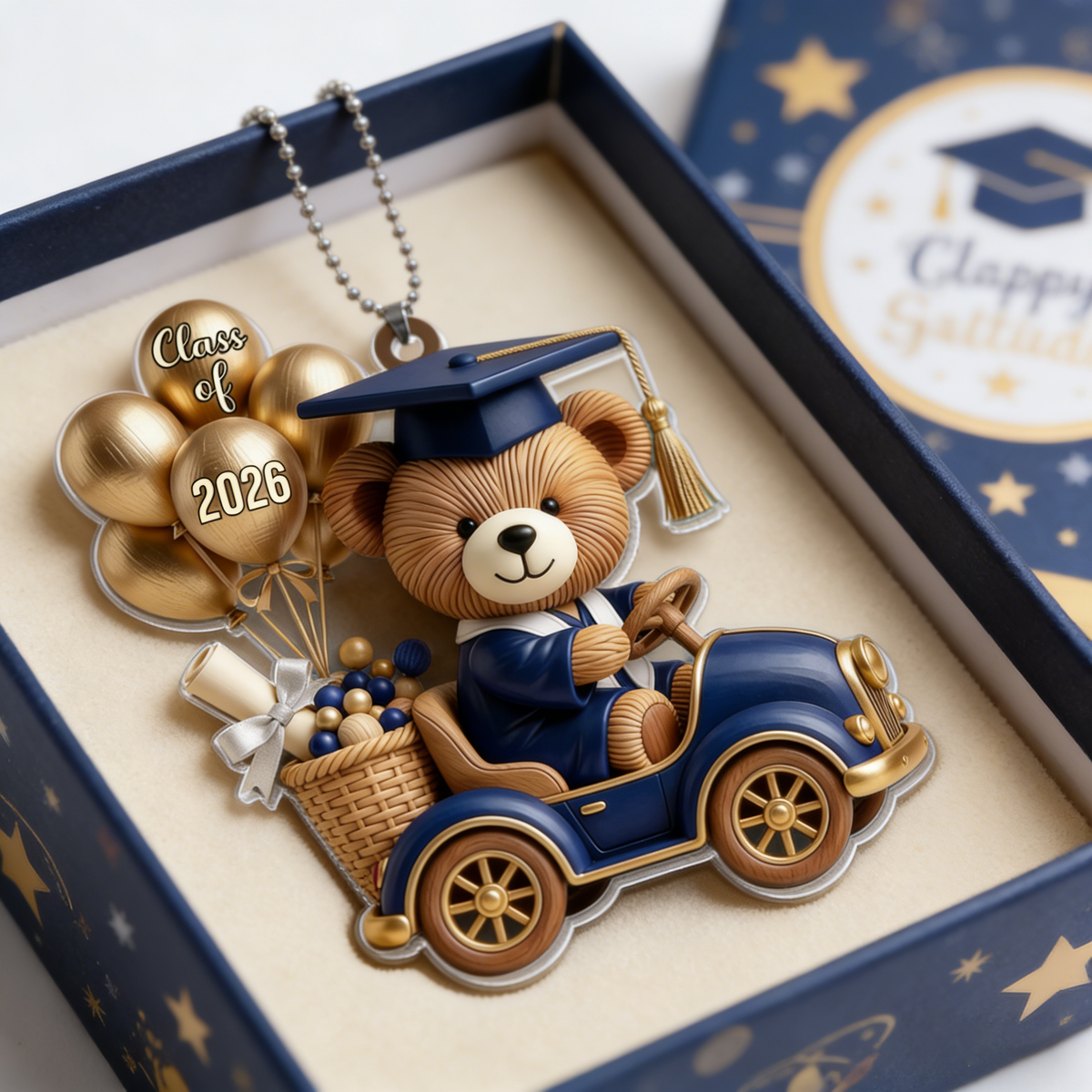 Personalized Scholar Bear Car Ornament With Name & Class Of 2026 Balloons - Graduation Gift For Son Daughter