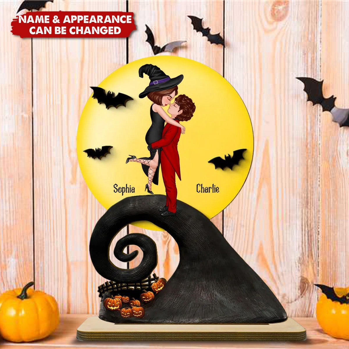 Personalized Halloween Couple 2-Layer Standing Wooden Plaque With Romantic Figure Design & Names Freeze Fantasy Love For Couple