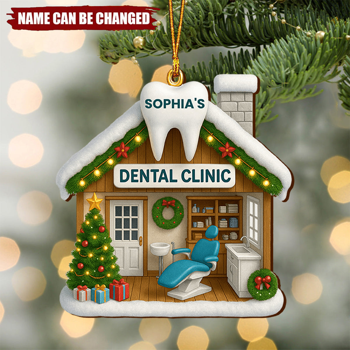 Personalized Dental Clinic Christmas Wood Ornament With Name, Festive Gift For Dentist & Dental Hygienist