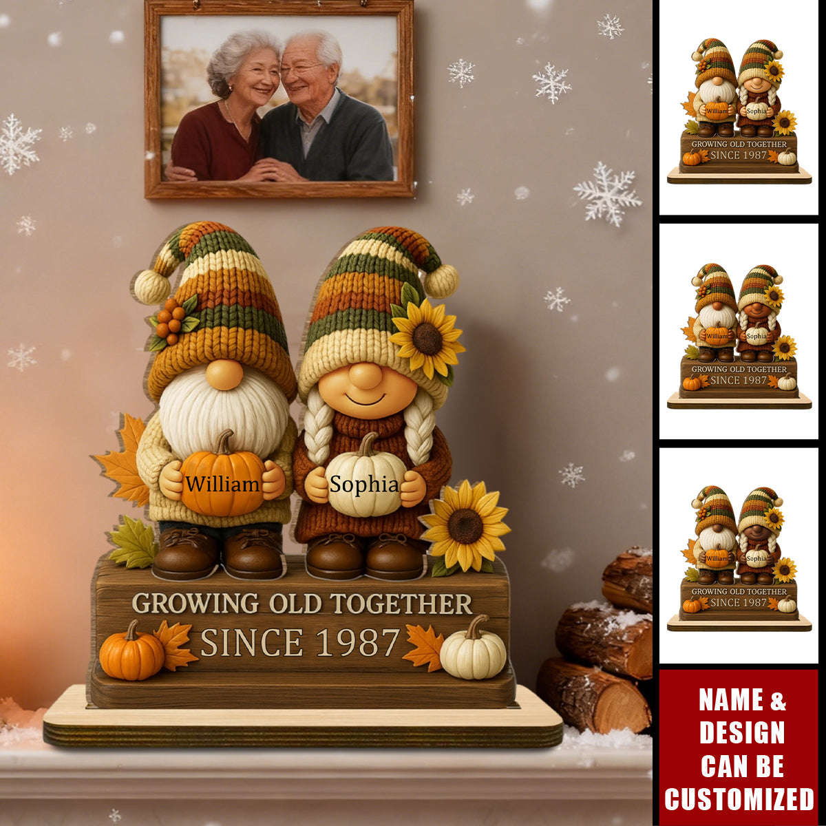 Personalized "Growing Old Together" Gnome Plaque With Couple Names & Sunflowers Pumpkins Autumn's Warm Charm For Couple Gift For Grandparent