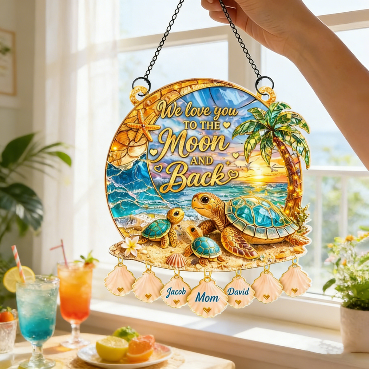 Personalized Sea Turtle Family Beach Theme Acrylic Suncatcher With Names - Mother's Day Gift For Her