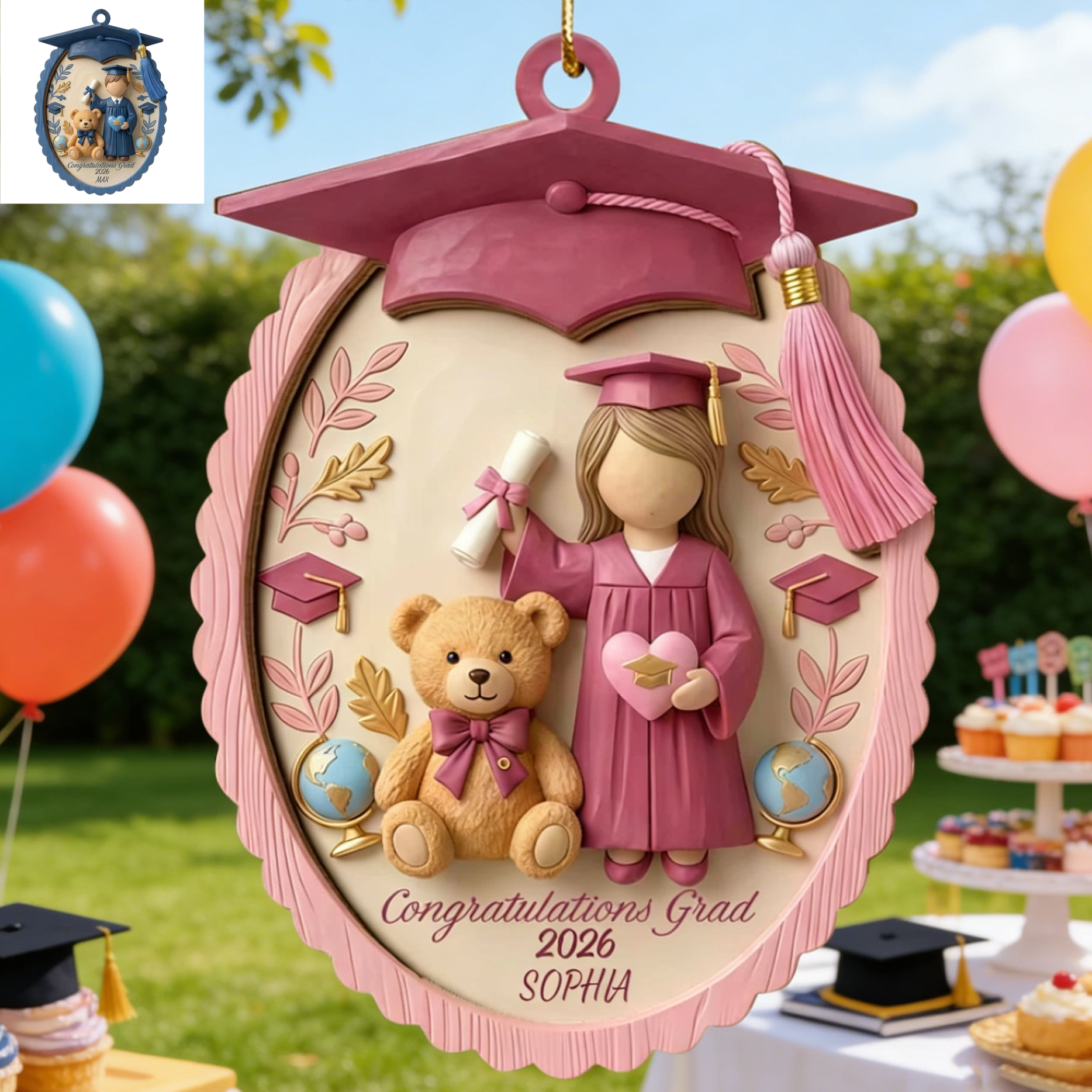 Customized Grad Bear Hand-Painted Wood Ornament With Name & Year - Graduation Gift For Son & Daughter
