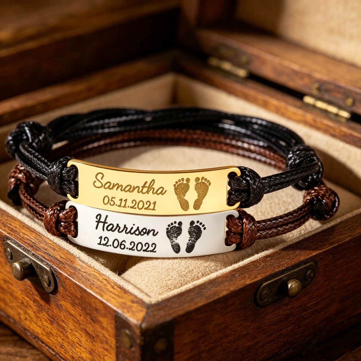 Personalized Infant Footprint Leather Bracelet With Kid Name - Father's Day Gift For First Time Dad