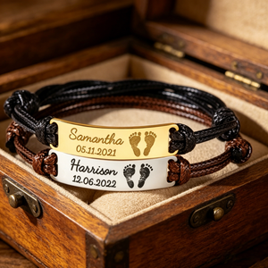 Personalized Infant Footprint Leather Bracelet With Kid Name - Father's Day Gift For First Time Dad