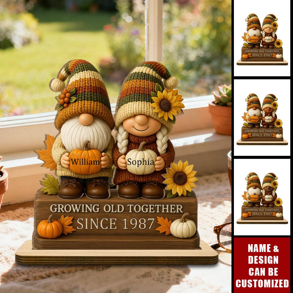 Personalized "Growing Old Together" Gnome Plaque With Couple Names & Sunflowers Pumpkins Autumn's Warm Charm For Couple Gift For Grandparent