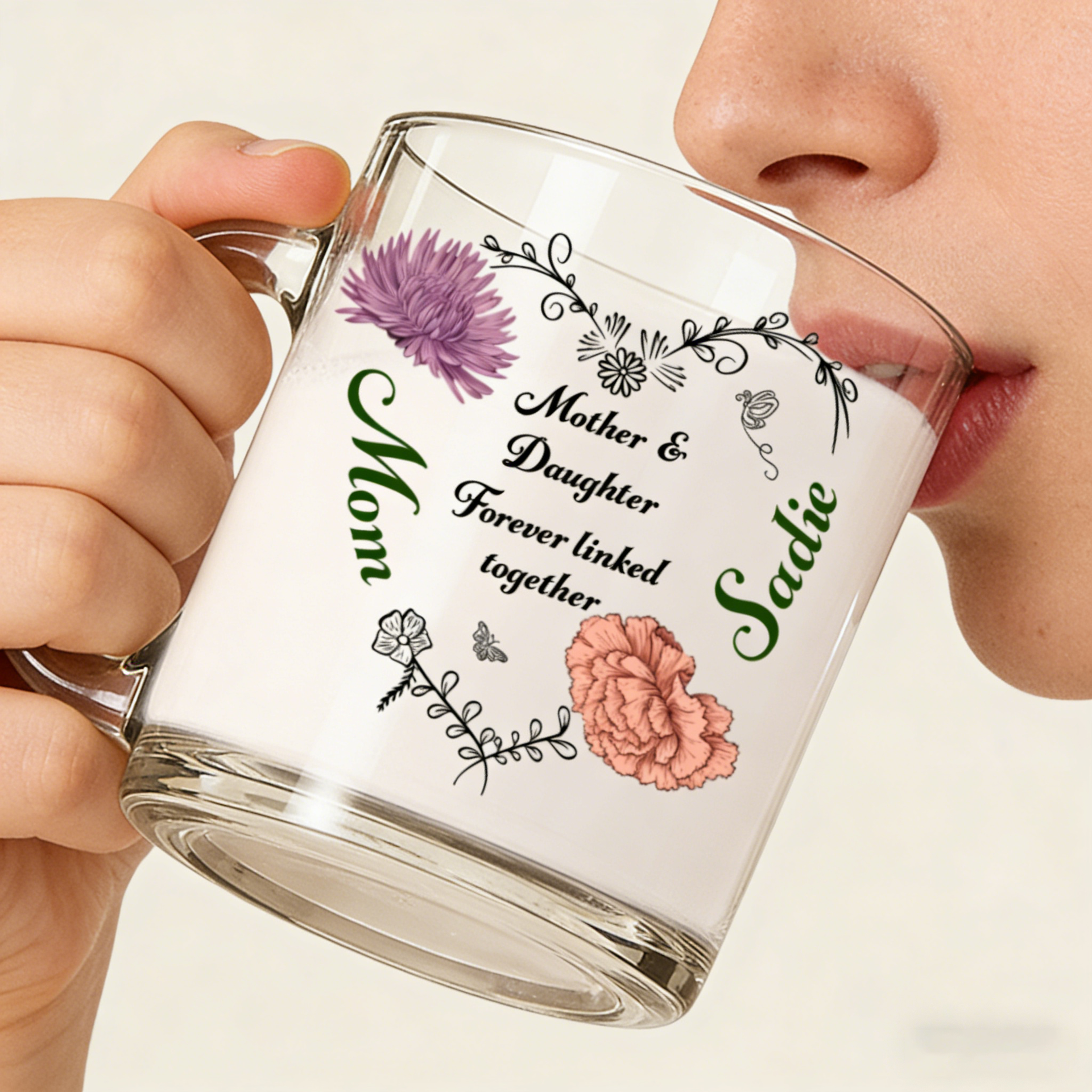 Personalized "Linked Together" Floral Glass Mug With Mom & Daughter Name - Mother's Day Gift For Her