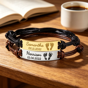 Personalized Infant Footprint Leather Bracelet With Kid Name - Father's Day Gift For First Time Dad