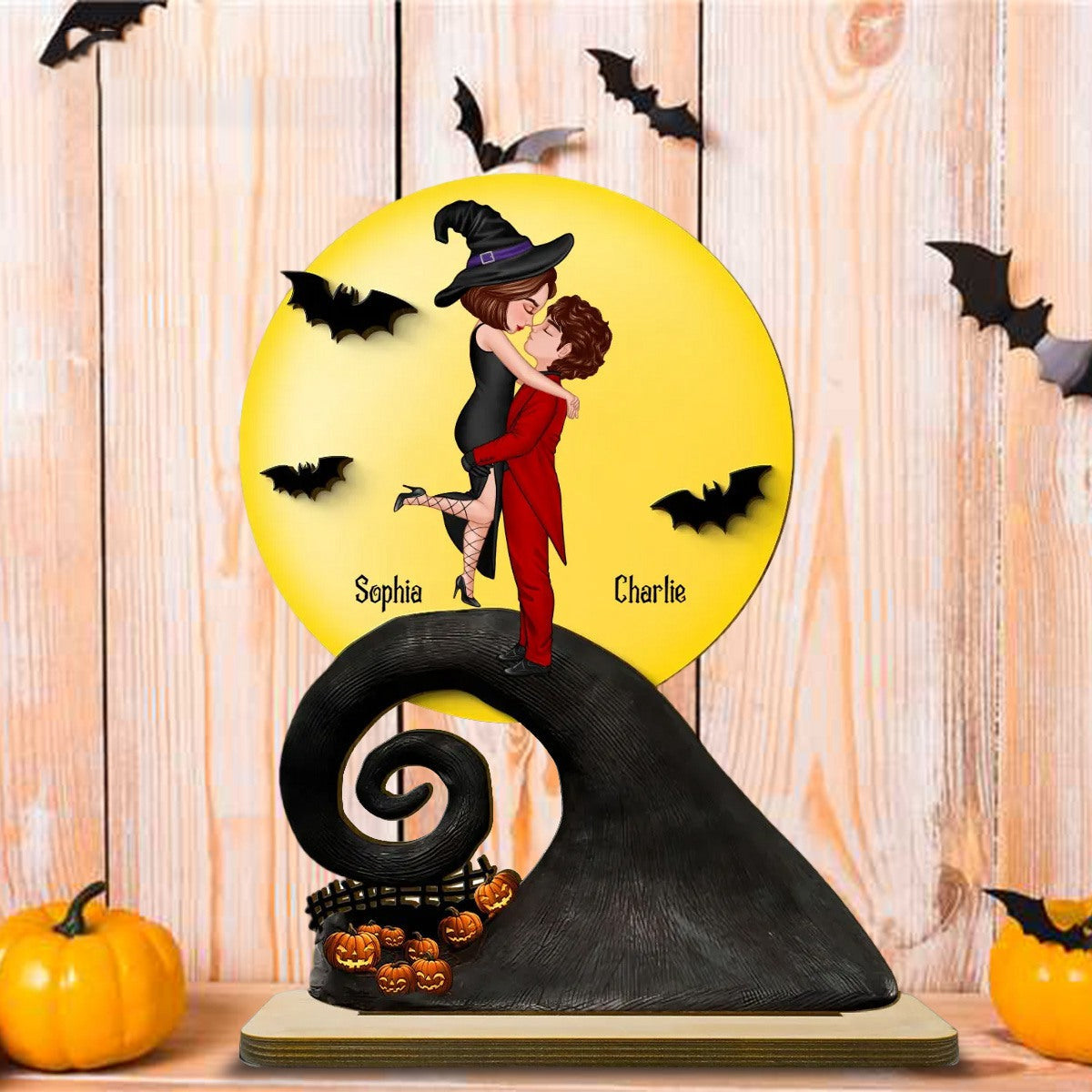 Personalized Halloween Couple 2-Layer Standing Wooden Plaque With Romantic Figure Design & Names Freeze Fantasy Love For Couple