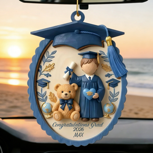 Customized Grad Bear Hand-Painted Wood Ornament With Name & Year - Graduation Gift For Son & Daughter