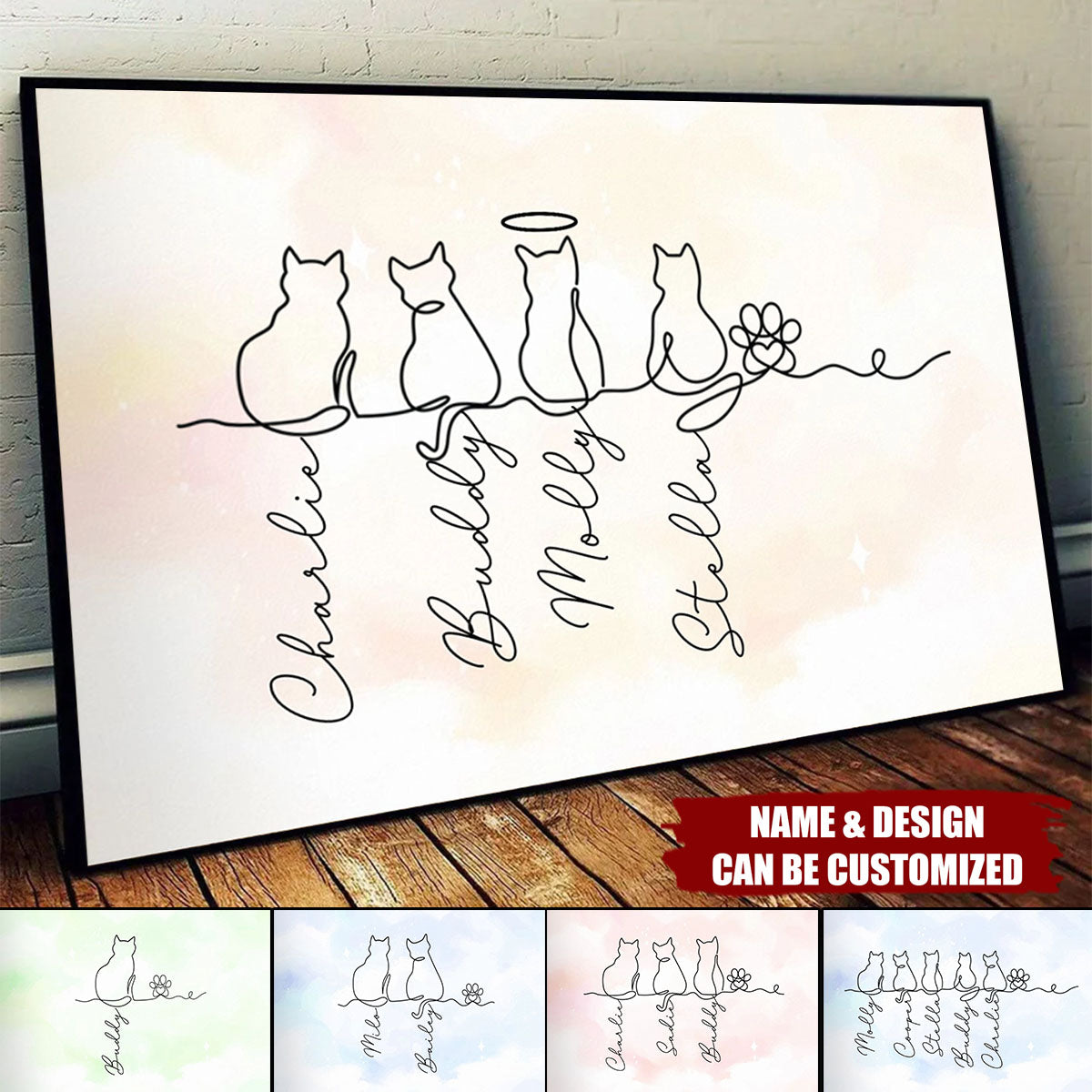 Personalized Cat Line Art Poster - Custom Pet Names | Multi-Cat Minimalist Art | Unique Cat Lover Gift & Pet Memorial