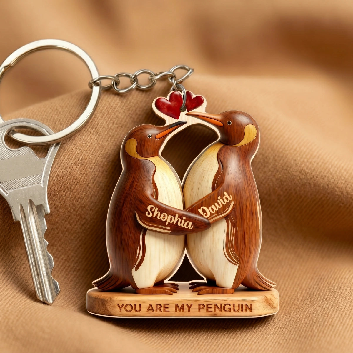 Personalized Wooden Keychain You Are My Penguin - Custom Name Anniversary Gift For Couples
