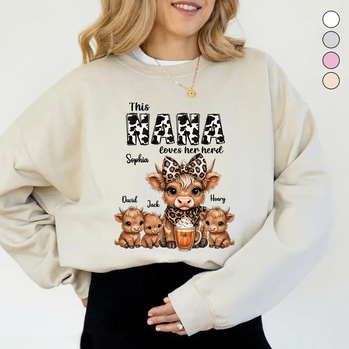 Personalized Highland Cow Family Sweatshirt With 1-15 Kid Names Cozy Unique Fall Gift For Mama Nana Grandma