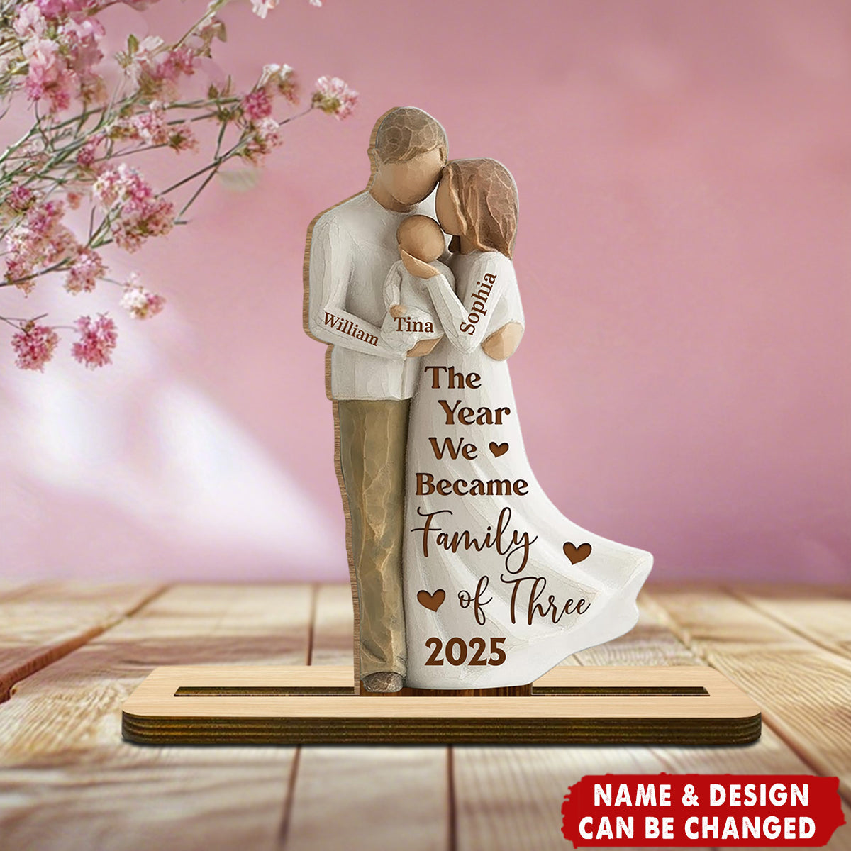 Personalized Family Of Three Wood Plaque With Names & Design | The Year We Became Family Of Three | Heartwarming Gift For New Parents