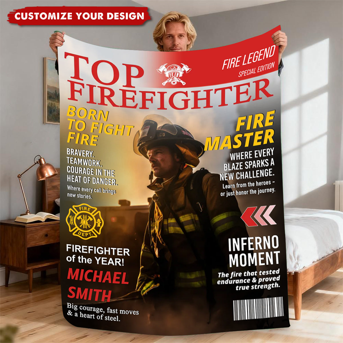 Personalized Firefighter Magazine Cover Blanket With Photo & Name | Best Christmas Gift For Firefighter Men