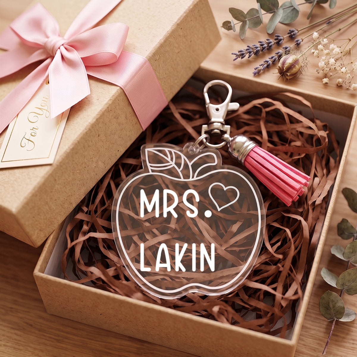 Personalized Name Keychain With Pencil Apple Design & Tassel - Back To School Appreciation Gift