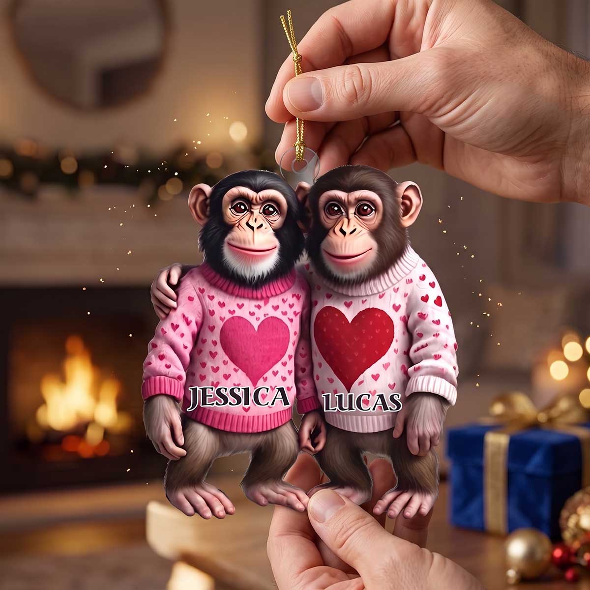 Personalized Couple Monkey Acrylic Ornament With Heart Sweater Design | Christmas Valentine Gift