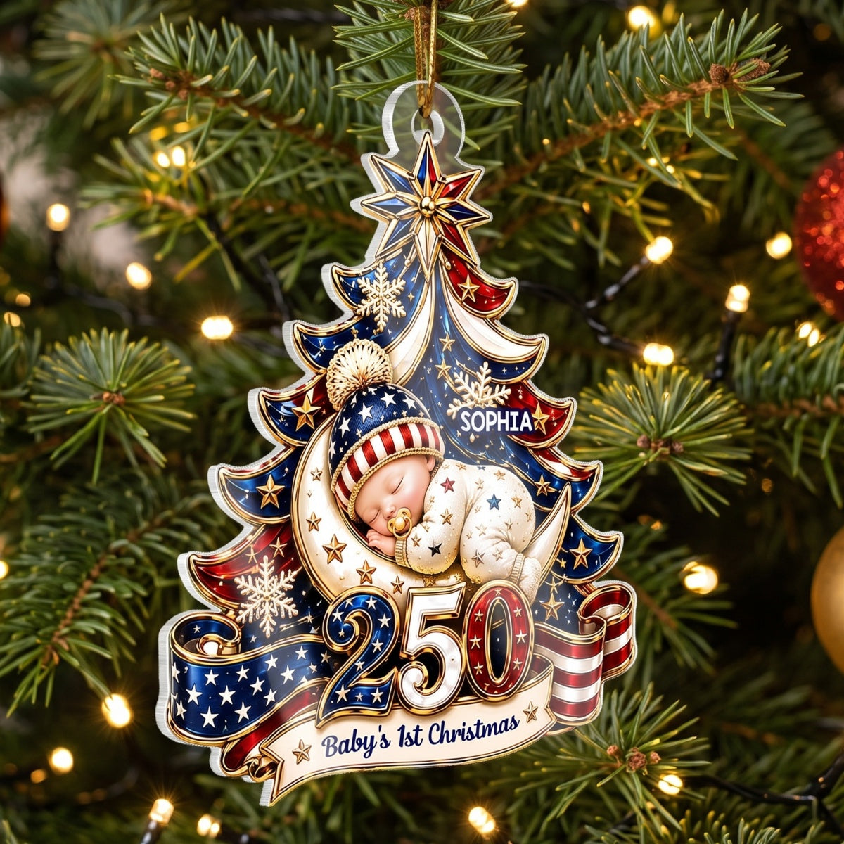 Personalized America 250th Anniversary Baby First Christmas Acrylic Ornament - Gift For Newborn