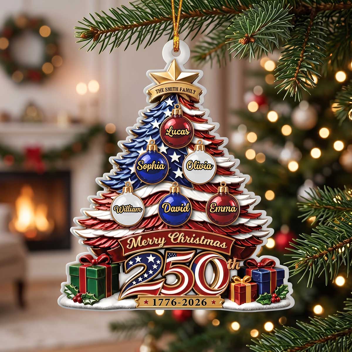 Personalized America's 250th Family Christmas Tree Acrylic Ornament - Christmas Gift For Family